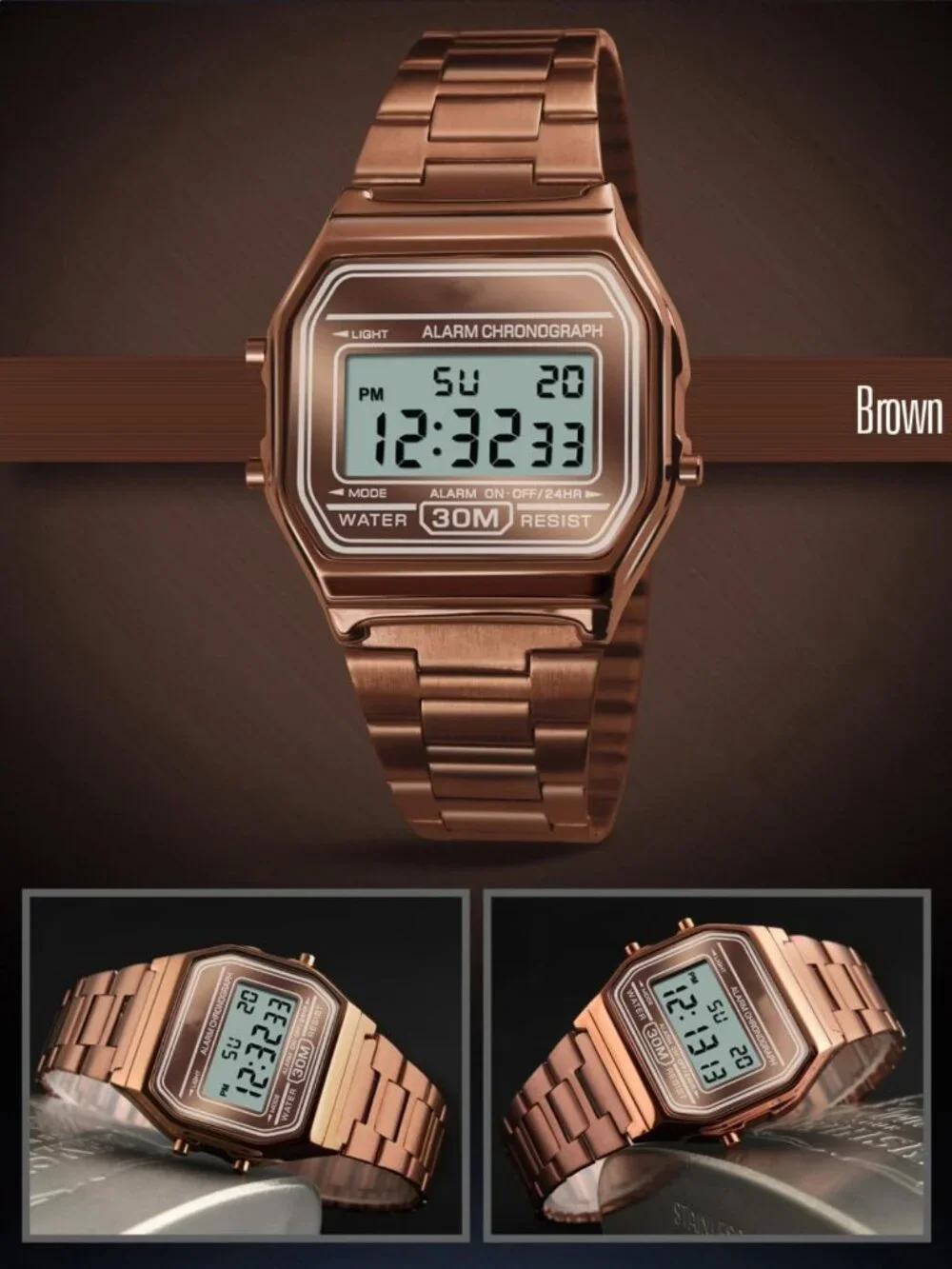 Stylish Men's Digital Gold Stainless Steel Watch - Waterproof, Sleek Design